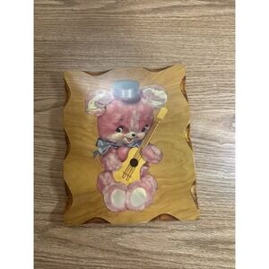 Vintage Meyercord decal of a pink teddy bear On A Wooden Plaque
